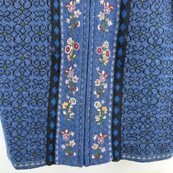 Newton Trading Co Blue Floral Shetland Wool Zip Sweater Womens Medium Grandma - Picture 10 of 16